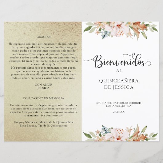 Spaans Elegant Champagne Gold Quinceañera Programm (Voorkant)