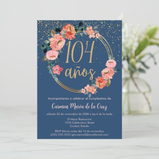 Spaans Elegant Chic Blauw Roze 104e verjaardag Kaart (Staand voorkant)
