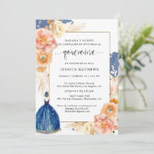 Spaans, Elegant Navy Blue Floral Quinceañera Kaart (Staand voorkant)