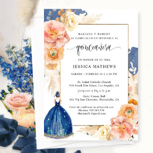 Spaans, Elegant Navy Blue Floral Quinceañera Kaart