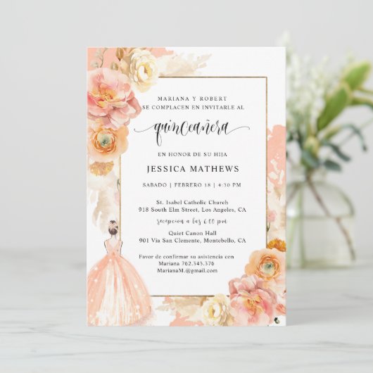 Spaans, Elegant Peach Floral Quinceañera Kaart (Staand voorkant)