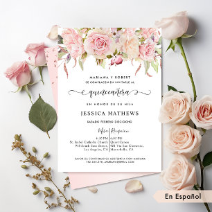 Spaans Elegant Pink, Blush, Roos Gold Quinceañera Kaart
