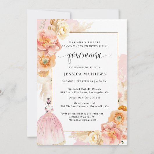 Spaans, Elegant Pink Floral Quinceañera Kaart (Voorkant)
