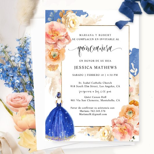 Spaans, Elegant Royal Blue Floral Quinceañera Kaart