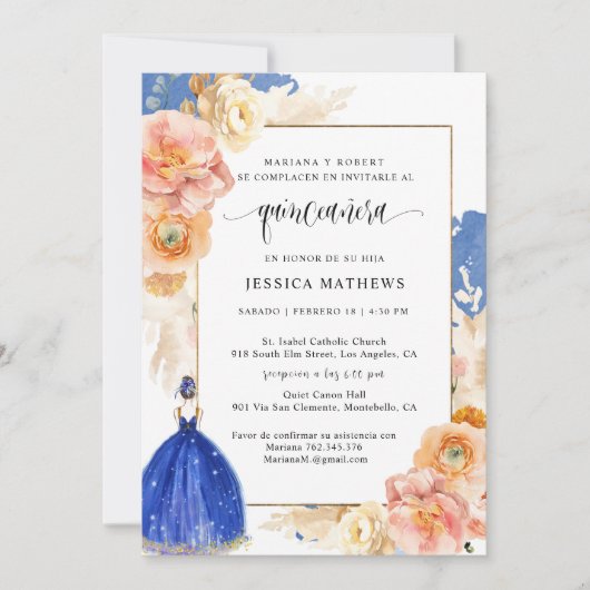 Spaans, Elegant Royal Blue Floral Quinceañera Kaart (Voorkant)