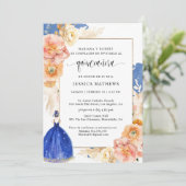 Spaans, Elegant Royal Blue Floral Quinceañera Kaart (Staand voorkant)