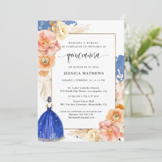 Spaans, Elegant Royal Blue Floral Quinceañera Kaart (Staand voorkant)