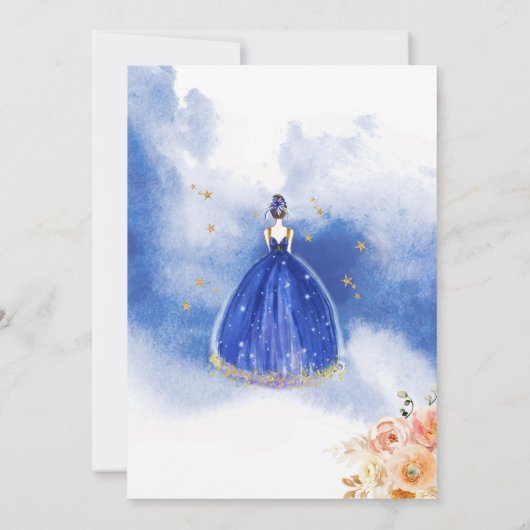 Spaans, Elegant Royal Blue Floral Quinceañera Kaart (Achterkant)