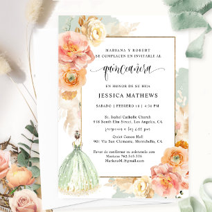 Spaans, Elegant Sage Green Floral Quinceañera Kaart