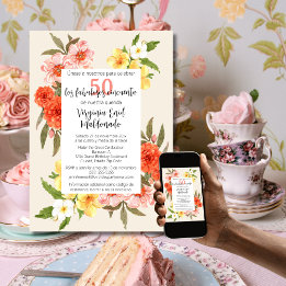 Spaans Elegante Bloemen Wit Lijst 50ste Verjaardag Kaart