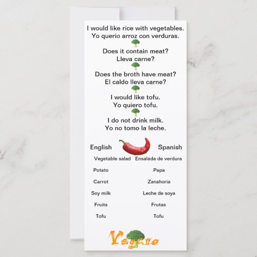 Spaans Engels: Phrases Vegan Cheat sheet card (Achterkant)