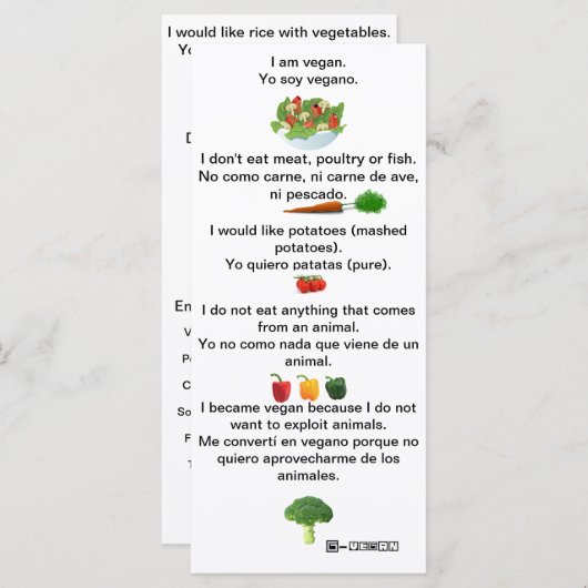 Spaans Engels: Phrases Vegan Cheat sheet card (Voorkant / Achterkant)