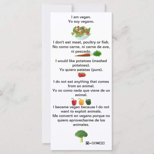 Spaans Engels: Phrases Vegan Cheat sheet card (Voorkant)