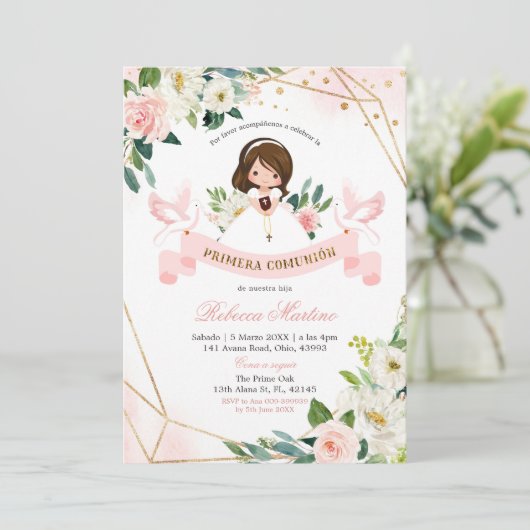 Spaans Engels Roze Goud Bloemen Meisje Doop Kaart (Staand voorkant)