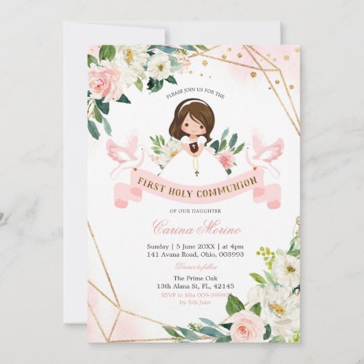 Spaans Engels Roze Goud Bloemen Meisje Doop Kaart (Achterkant)