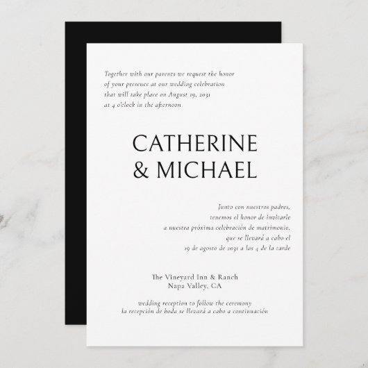Spaans Engels tweetalige elegante klassieke bruilo Kaart (Voorkant / Achterkant)