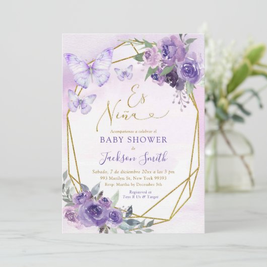 Spaans Es Niña Paarse Bloemen Baby shower Kaart (Staand voorkant)