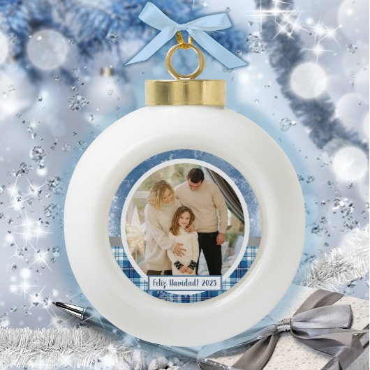 Spaans Feliz Navidad Elegante Azul Vakantie Keramische Bal Ornament