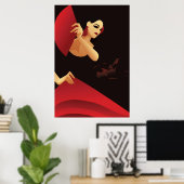 Spaans flamenco danser met ventilator, zwart en ro poster (Thuiskantoor)