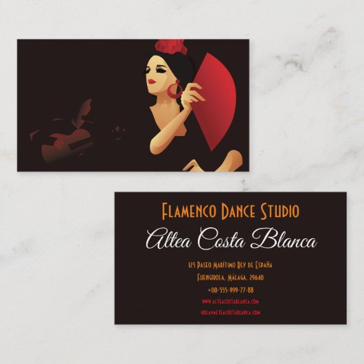 Spaans flamenco danser met ventilator zwart en roo visitekaartje (Voorkant / Achterkant)