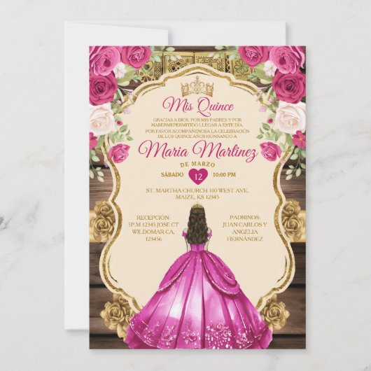 Spaans Fuchsia Roze Bloemen Hout Mis Quince Kaart (Voorkant)