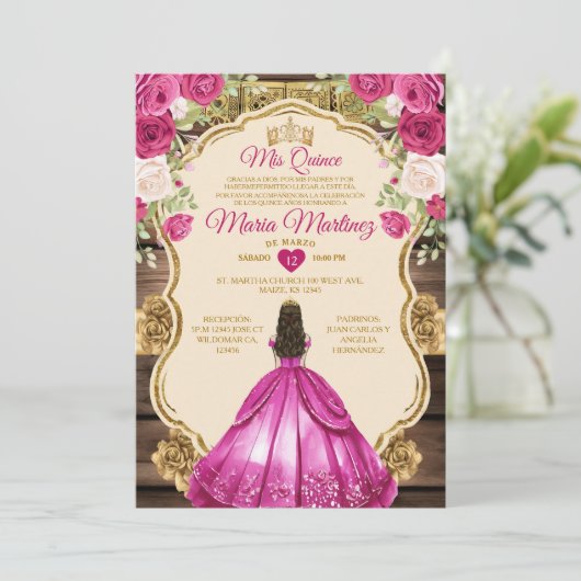 Spaans Fuchsia Roze Bloemen Hout Mis Quince Kaart (Staand voorkant)