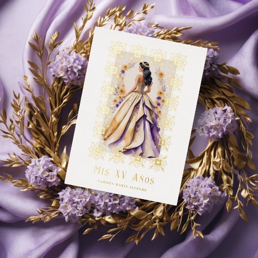 Spaans Glam Quinceañera Goud  Lijst Folie Uitnodiging