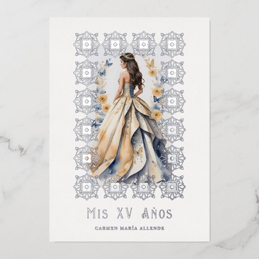 Spaans Glam Quinceañera Zilver  Lijst Folie Uitnodiging (Voorkant)