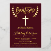 Spaans Goud bordeaux rood elegant script doop Folie Uitnodiging (Voorkant)