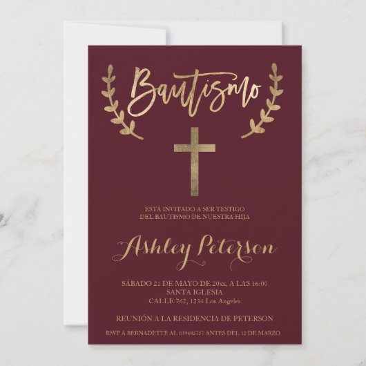 Spaans Goud bordeaux rood elegant script doop Kaart (Voorkant)