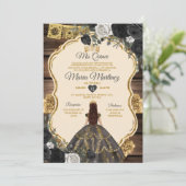 Spaans goud & zwart bloemenhout Quiñceanera Kaart (Staand voorkant)
