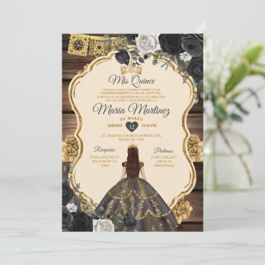 Spaans goud & zwart bloemenhout Quiñceanera Kaart (Staand voorkant)