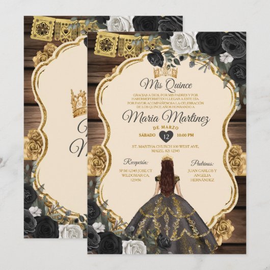 Spaans goud & zwart bloemenhout Quiñceanera Kaart (Voorkant / Achterkant)