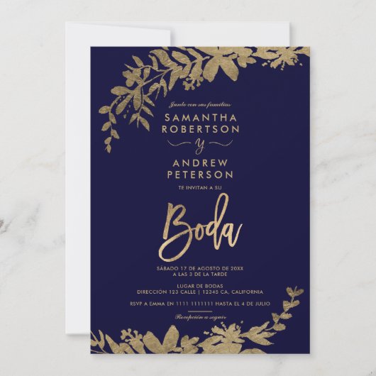 Spaans Gouden blad bloemenmarine blauw chique brui Kaart (Voorkant)