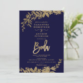 Spaans Gouden blad bloemenmarine blauw chique brui Kaart (Staand voorkant)