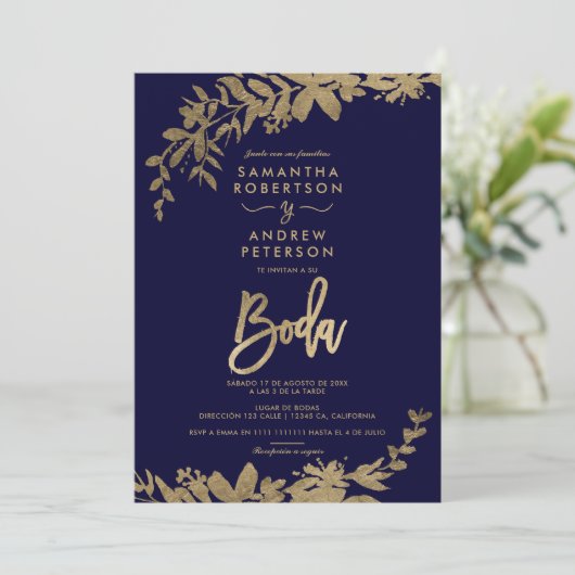 Spaans Gouden blad bloemenmarine blauw chique brui Kaart (Staand voorkant)