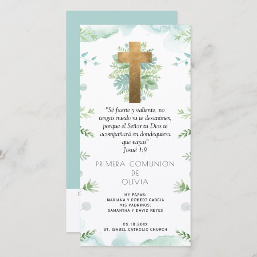 Spaans, Groen Eerste Communie Bladwijzer Favor Bedankkaart (Voorkant / Achterkant)