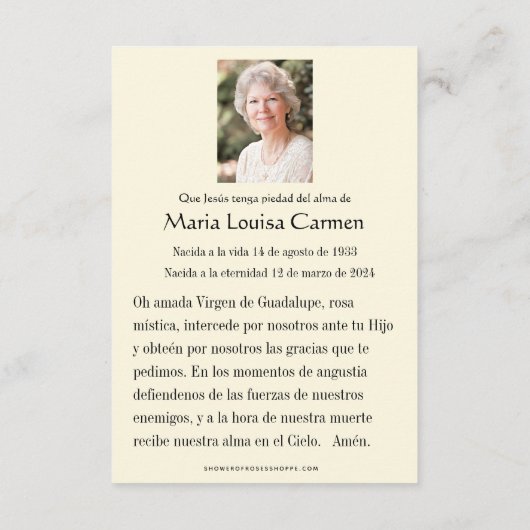 Spaans Guadalupe Foto Begrafenisgebed Heilige Kaar Aankondiging (Achterkant)