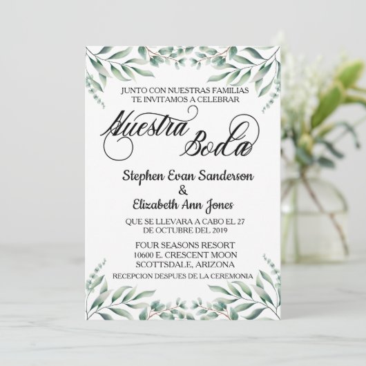 Spaans huwelijk Eucalyptus Leaves Nuestra Boda Kaart (Staand voorkant)