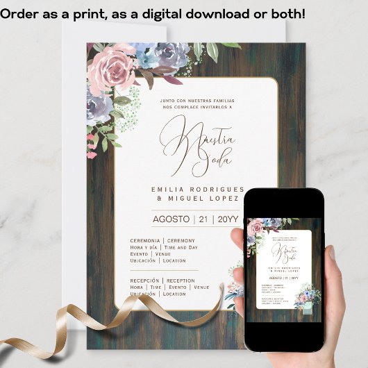 Spaans Huwelijksuitnodiging Bloem Rustiek I Kaart