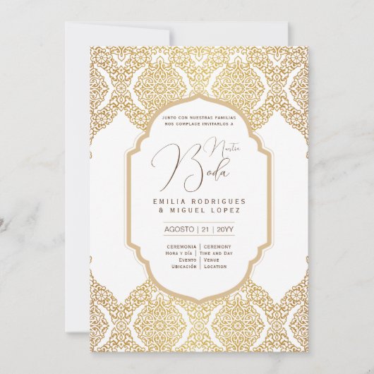 Spaans Huwelijksuitnodiging Elegant Wit Goud Versi Kaart (Voorkant)
