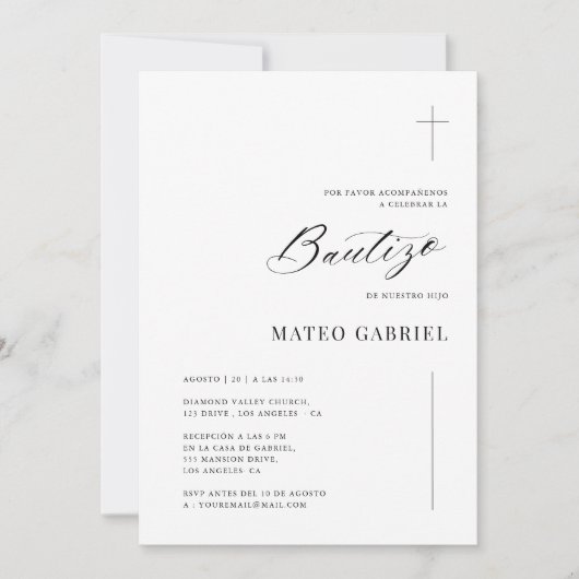 Spaans Inline Invitaciones de Bautizo Zwart Wit Kaart (Voorkant)