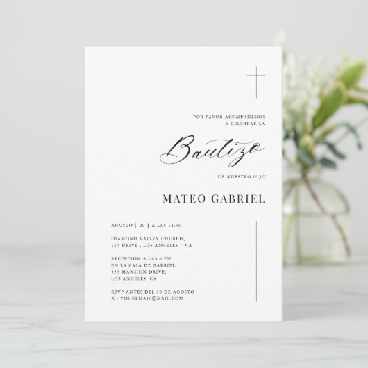 Spaans Inline Invitaciones de Bautizo Zwart Wit Kaart (Staand voorkant)
