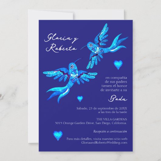 Spaans, Invitación Boda Mexicana Colibrí Azul Kaart (Voorkant)