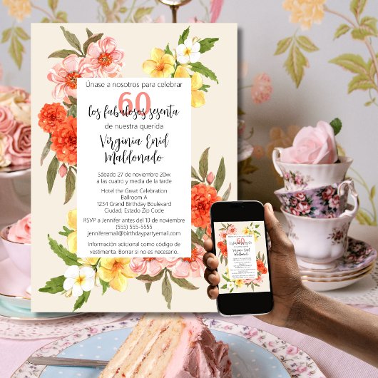 Spaans Kleurrijke Bloemen Wit Lijst 60ste Verjaard Kaart