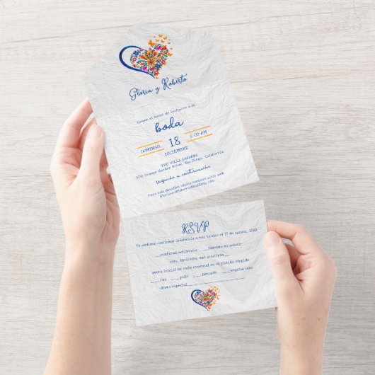Spaans, Kleurrijke Floral Heart Mexicaanse bruilof All In One Uitnodiging (Afscheurbaar)