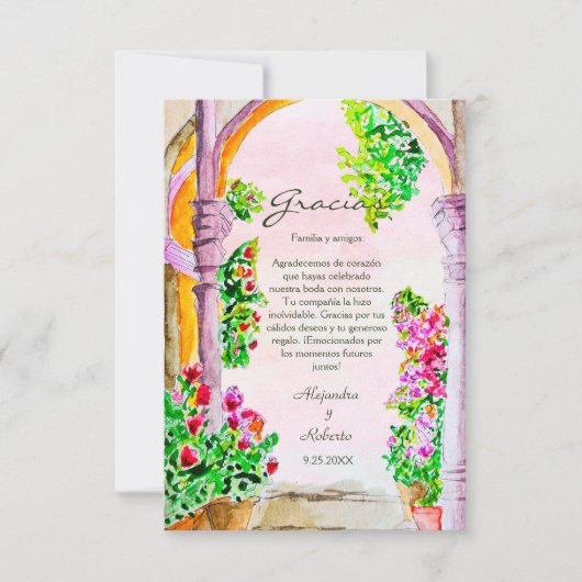 Spaans Kleurrijke Waterverf Bloemen Oude Stad Mexi Bedankkaart (Voorkant)