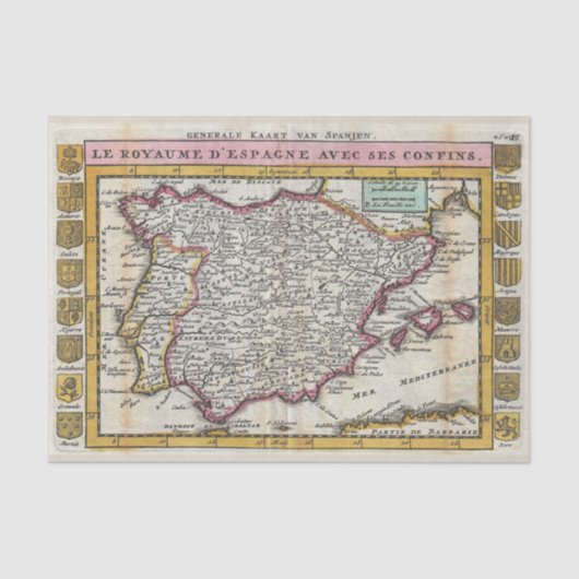  Spaans Koninkrijk Oude Wereldkaart Spanje Tissuepapier (Voorkant)