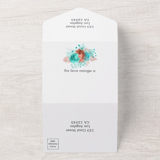 Spaans koraal en Blauwgroen bloemenbruiloft All In All In One Uitnodiging (Buitenkant)