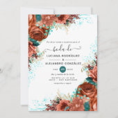 Spaans koraal en Blauwgroen Floral Wedding Kaart (Voorkant)